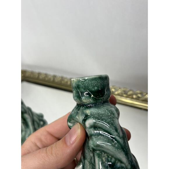 Vintage Pair of Unique Mid century Handmade Green Ceramic Candlestick Holders - Picture 7 of 10
